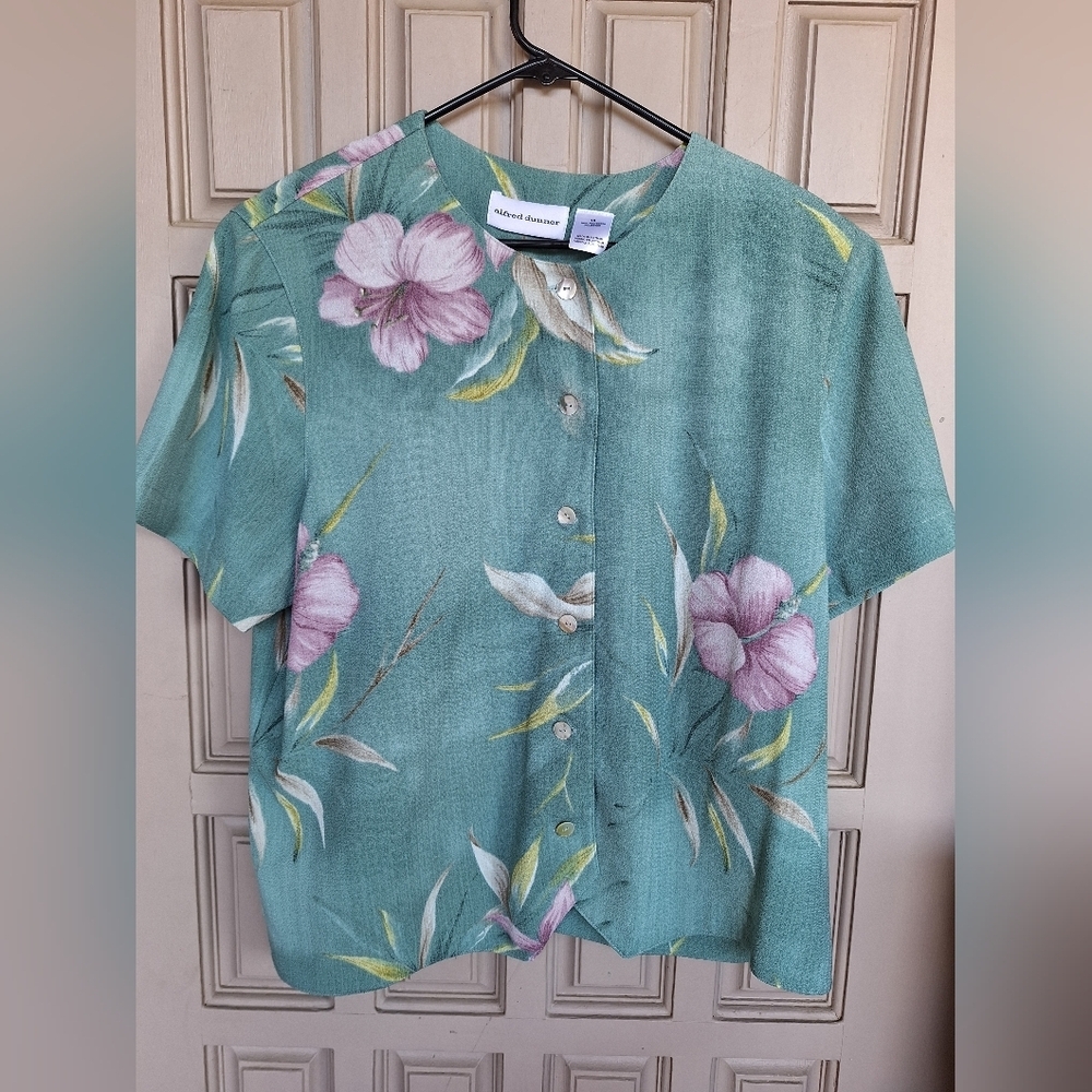 Alfred Dunner Blouse Plus Sz18 Sea Grn Short Sleeve Floral Button Front Washable